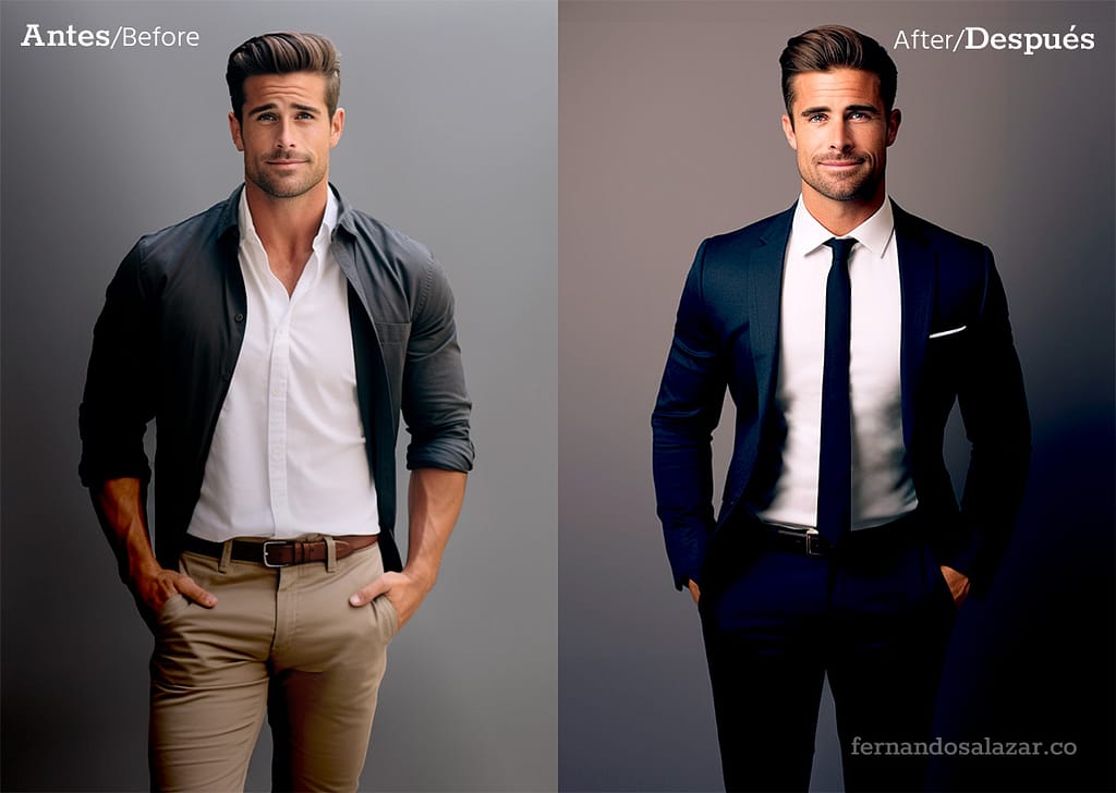 Transformación de estilo 'antes y después' con un traje de Fernando Salazar, evidenciando la elegancia y la confianza alcanzada.